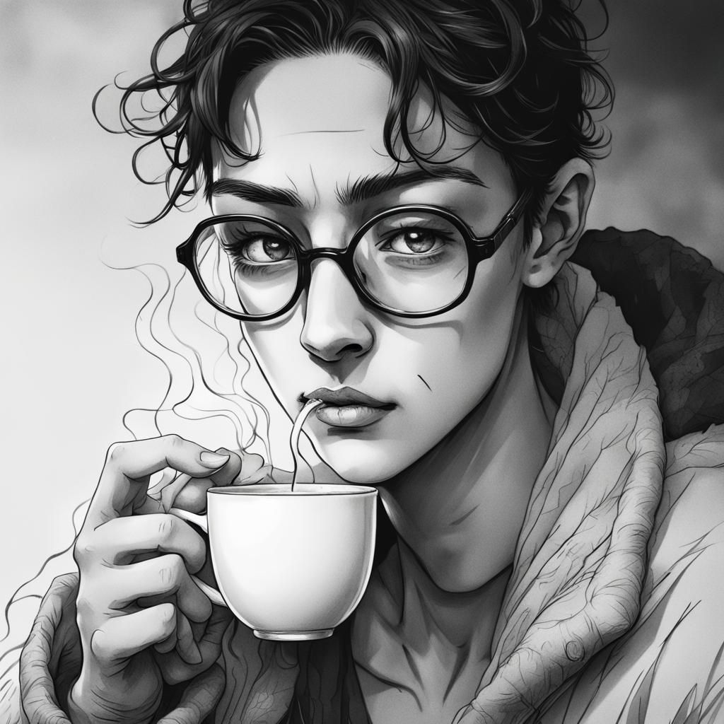 Monochrome Manga Portrait of Person with Coffee