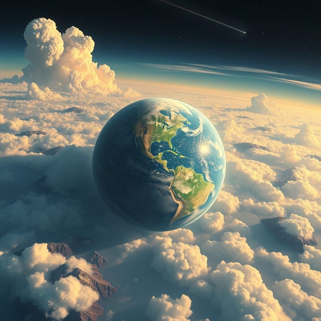 Serene Earth with Atmospheric Clouds and Mountains