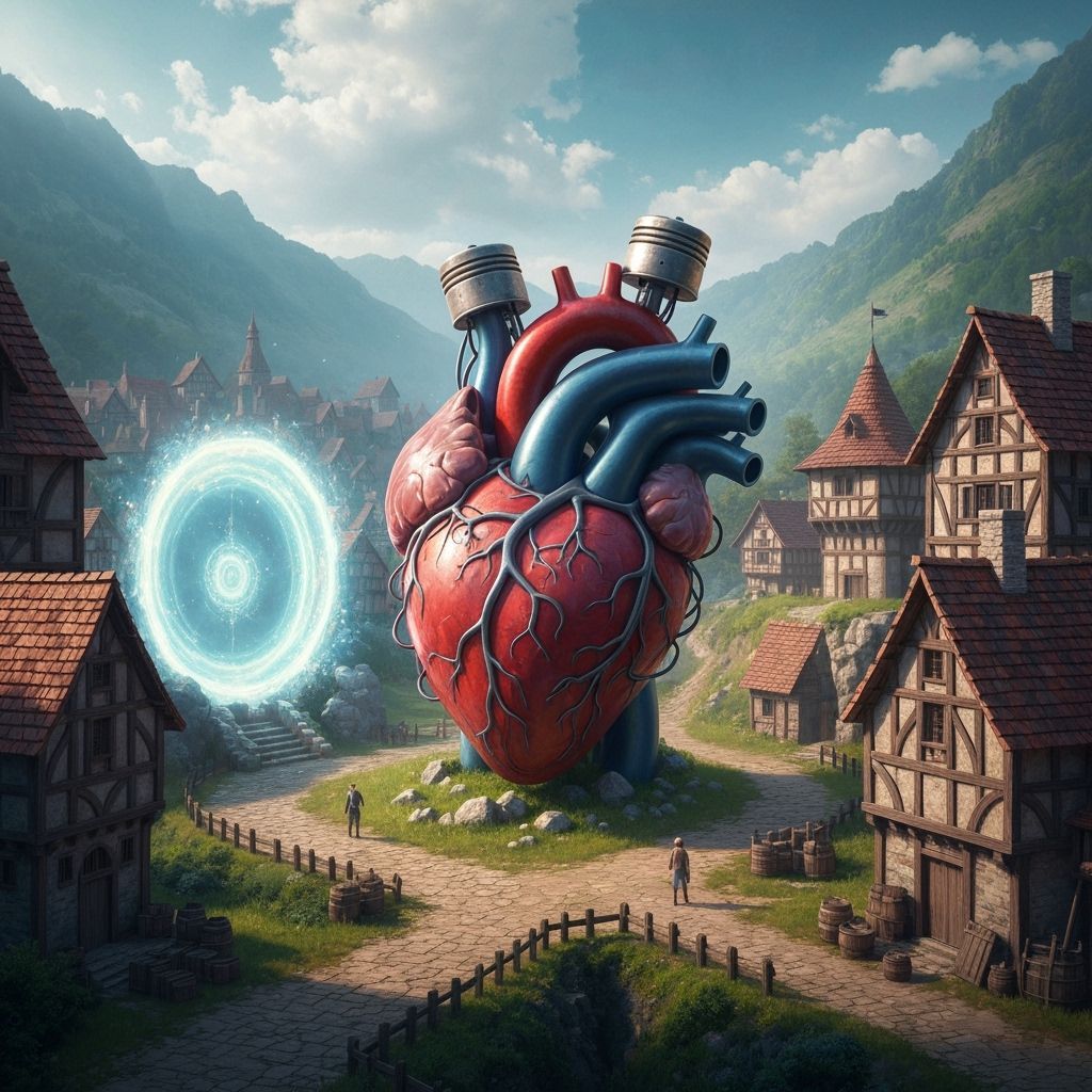 Colossal Mechanical Heart in Medieval Village, Hyperrealisti...