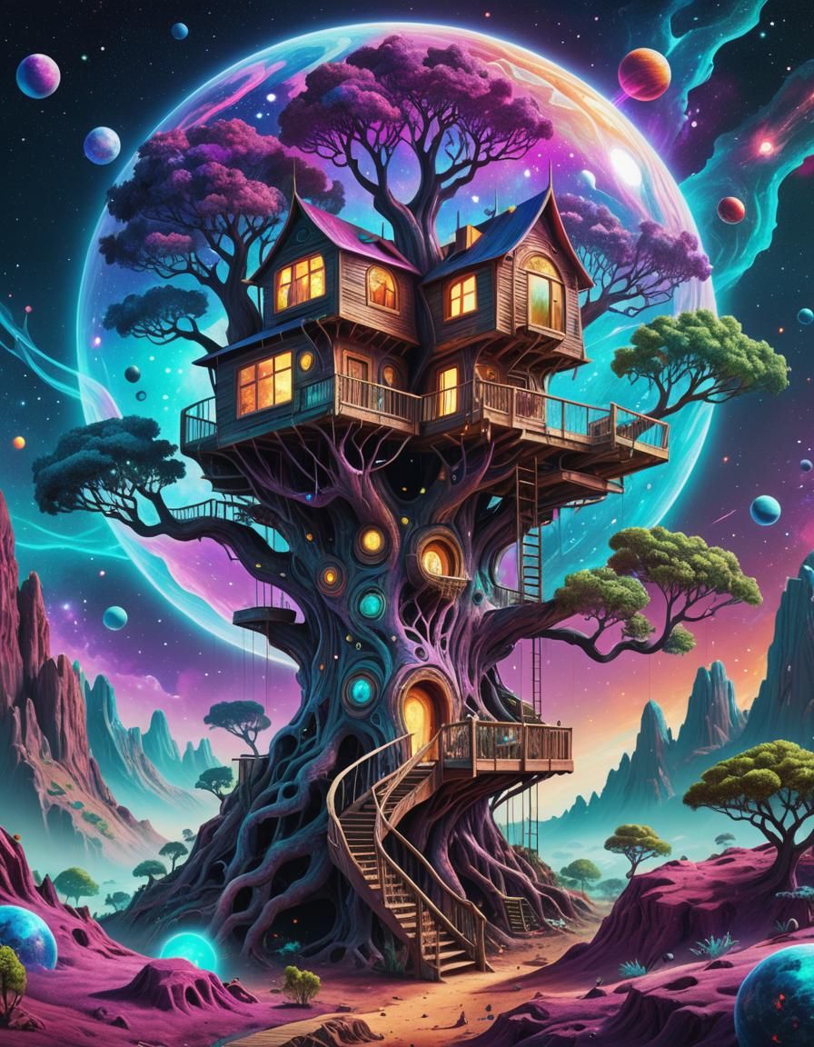 Cosmic Treehouse on Distant Planet: Astral Illustration