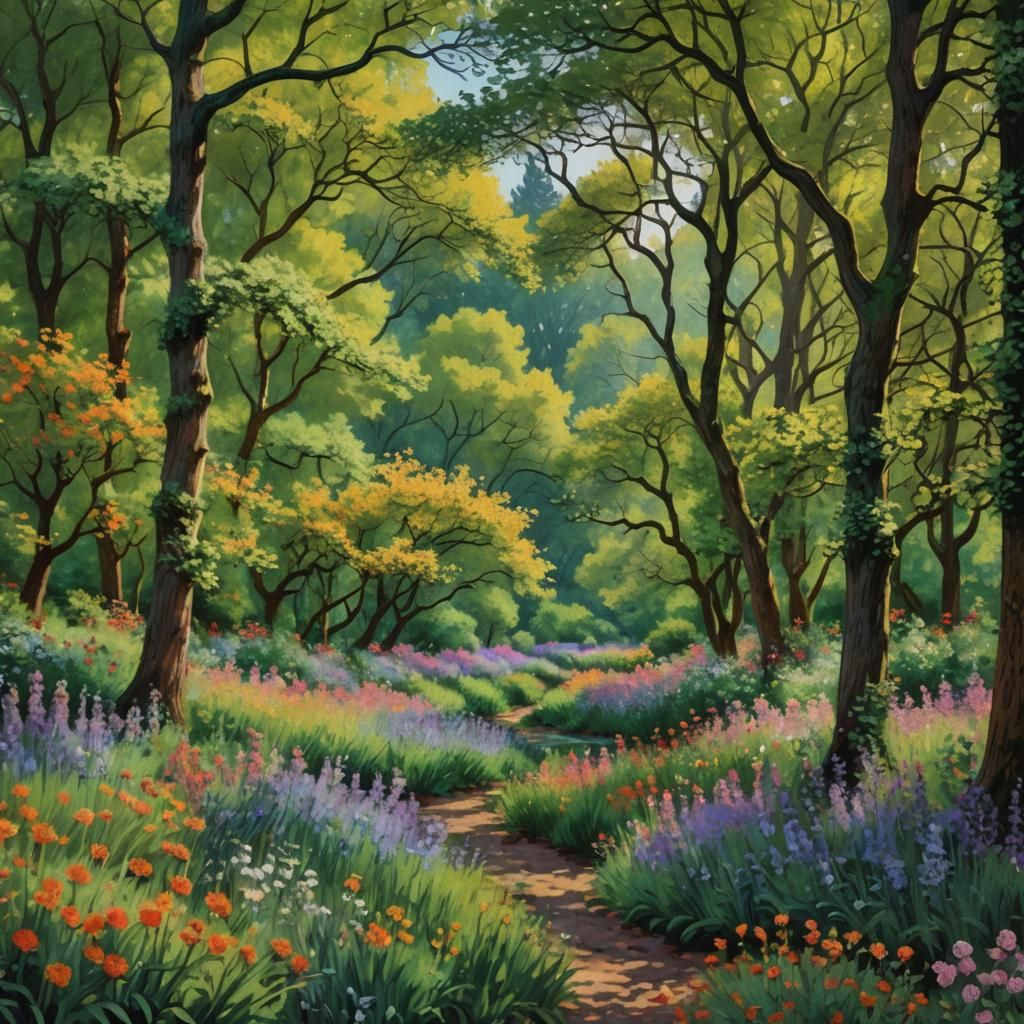 Impressionistic Stream in Forest with Flowers