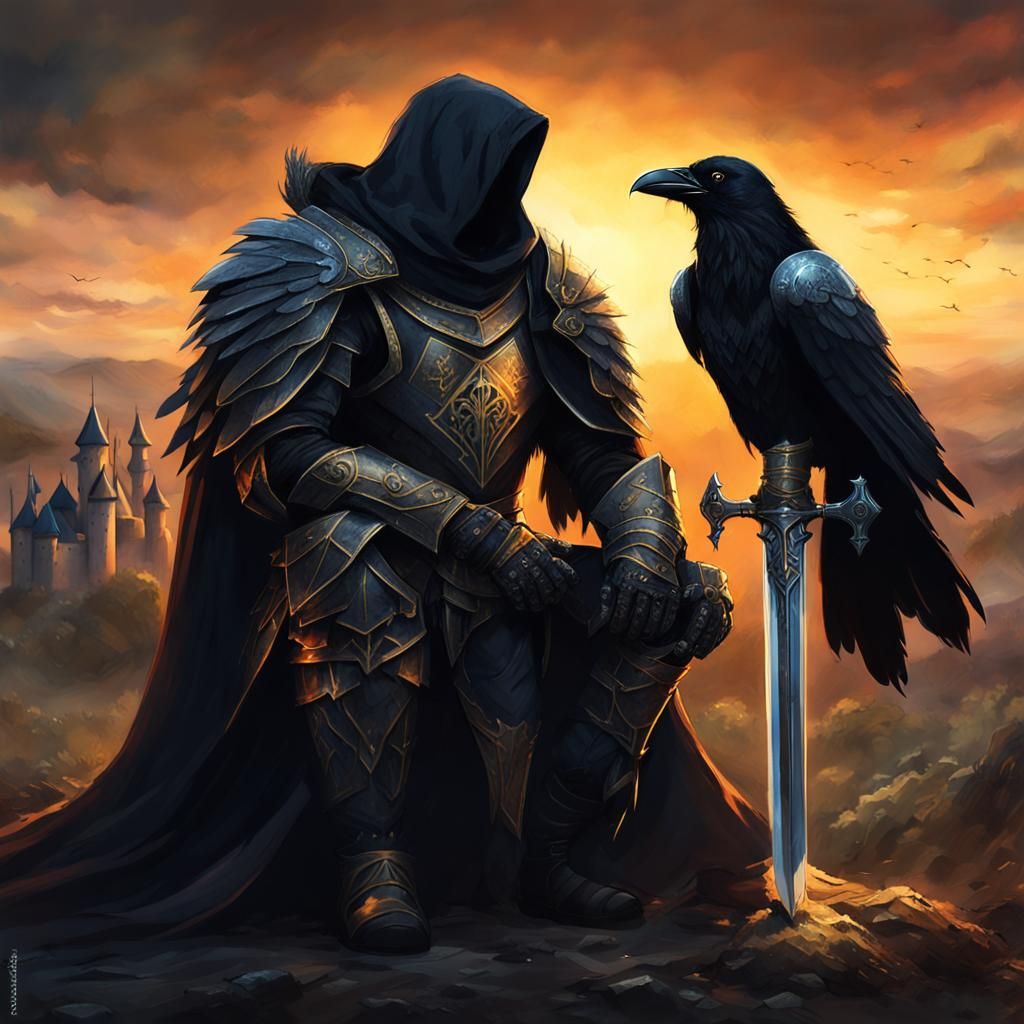 Raven Knight in Prayer: Gothic Fantasy Art