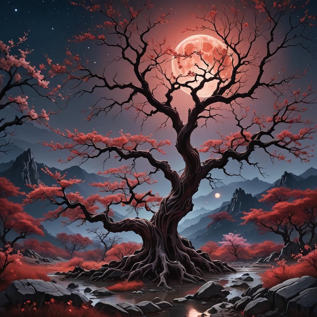 Mystical Red Moonlit Landscape in Fantasy Concept Art