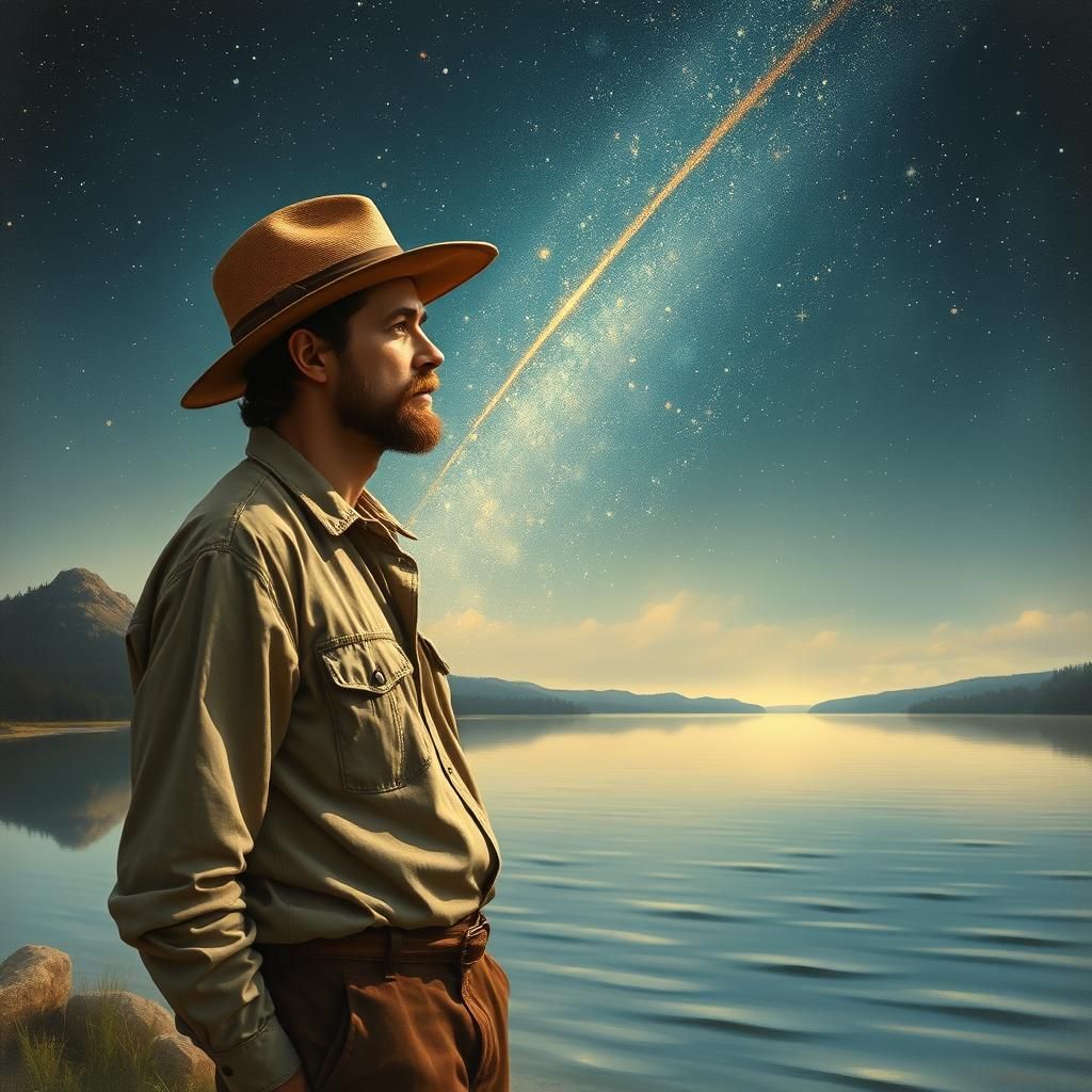 Contemplative Man by Lake Under Summer Starry Sky