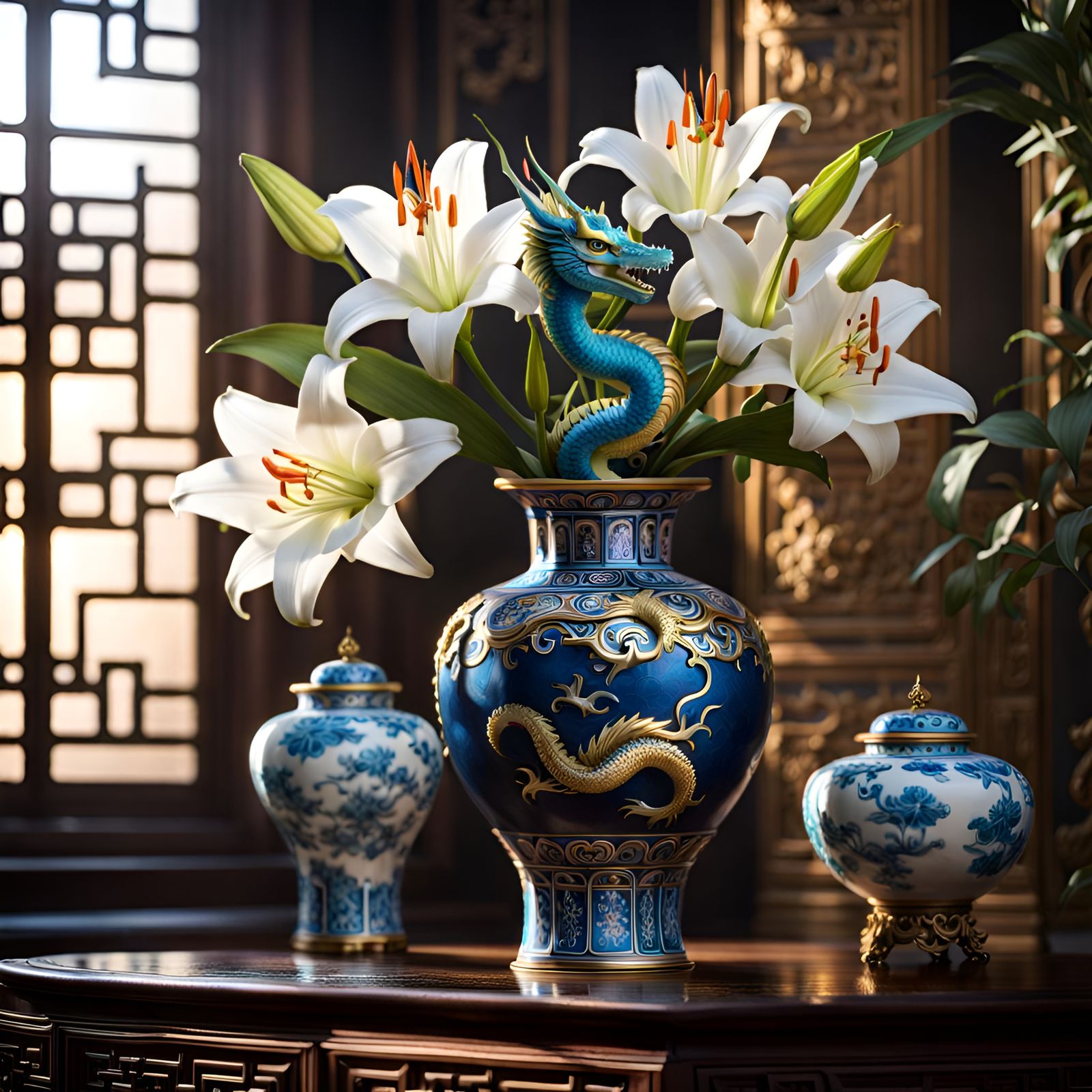 Lilies, Dragon, and Vase: a 3D Shading Masterpiece