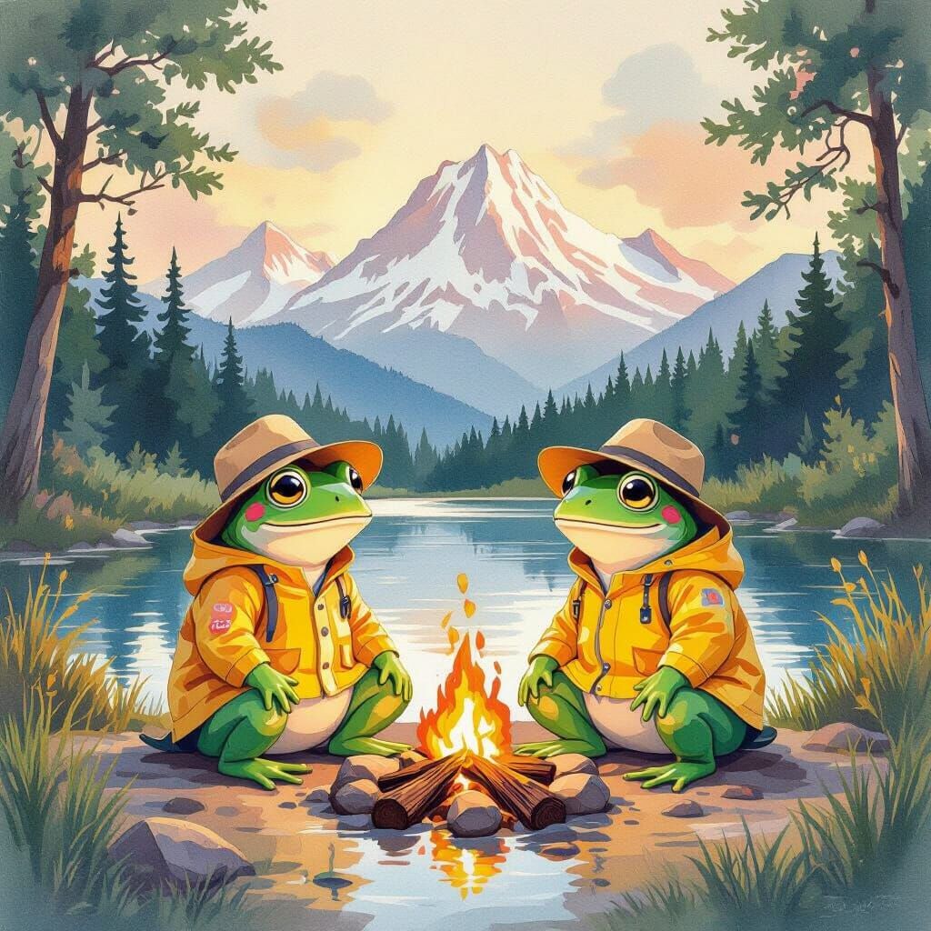 Frogs Camping by Pond in Watercolor Style