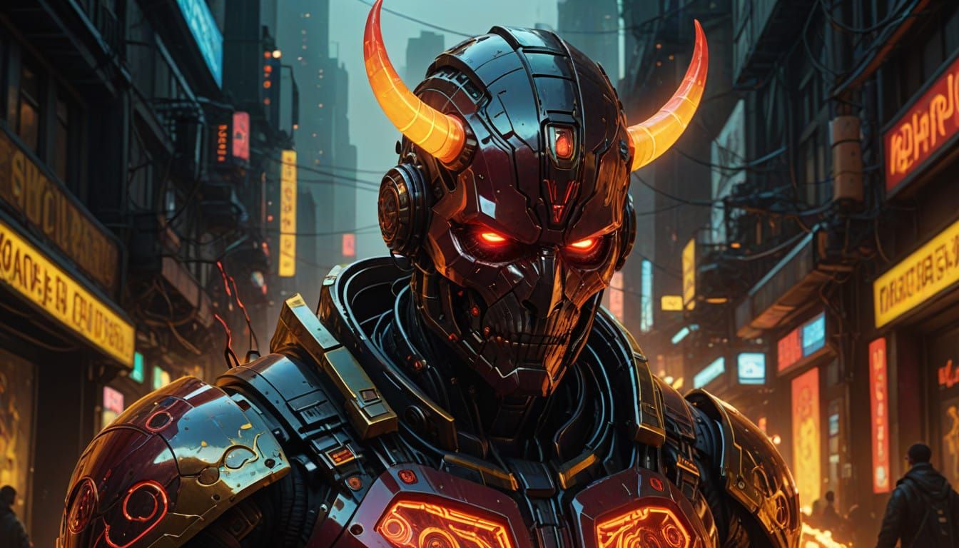 Cyberpunk Demon Cyborg Amidst Hellish Flames