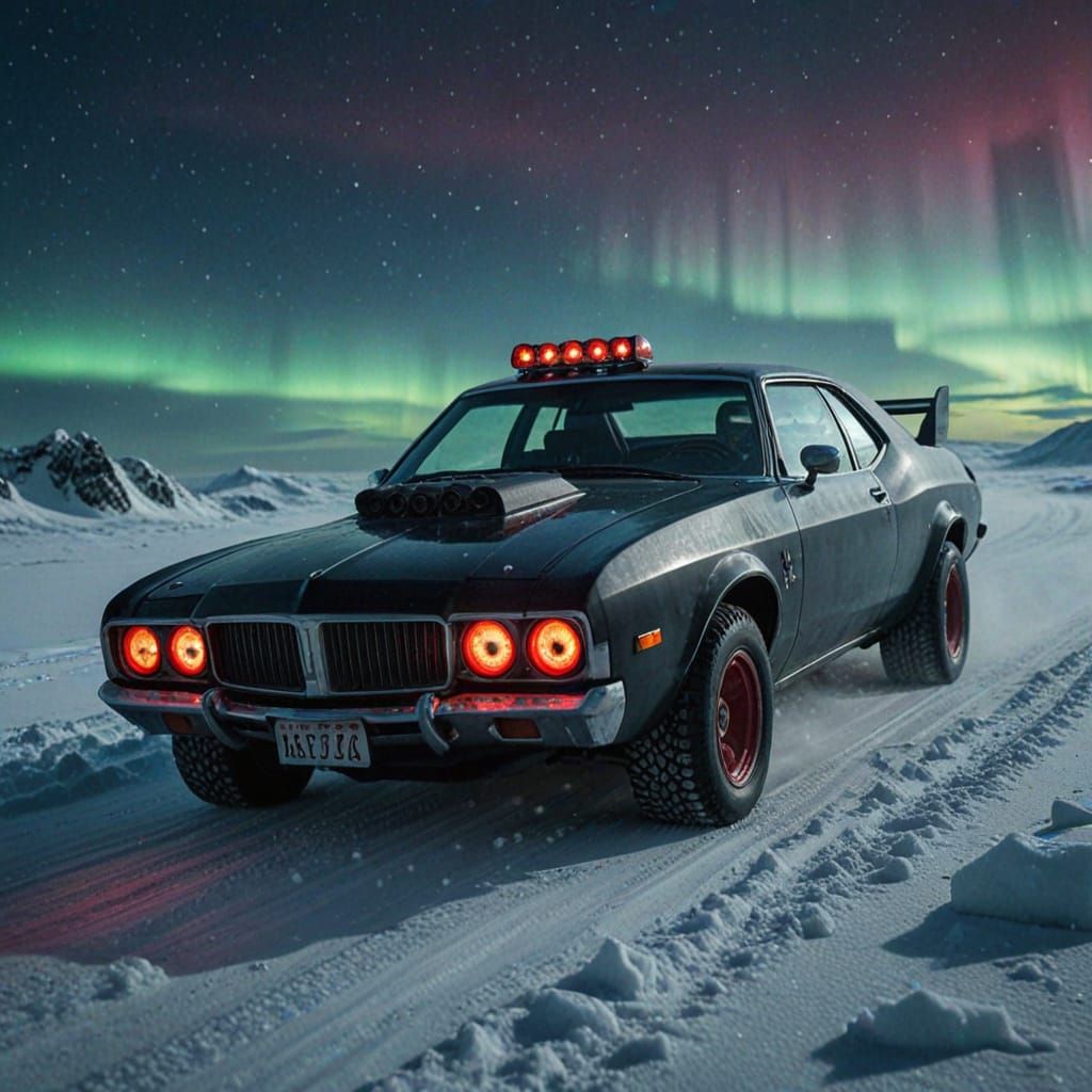 Demonic Vehicle Drives Under Aurora Borealis in Dark Fantasy...