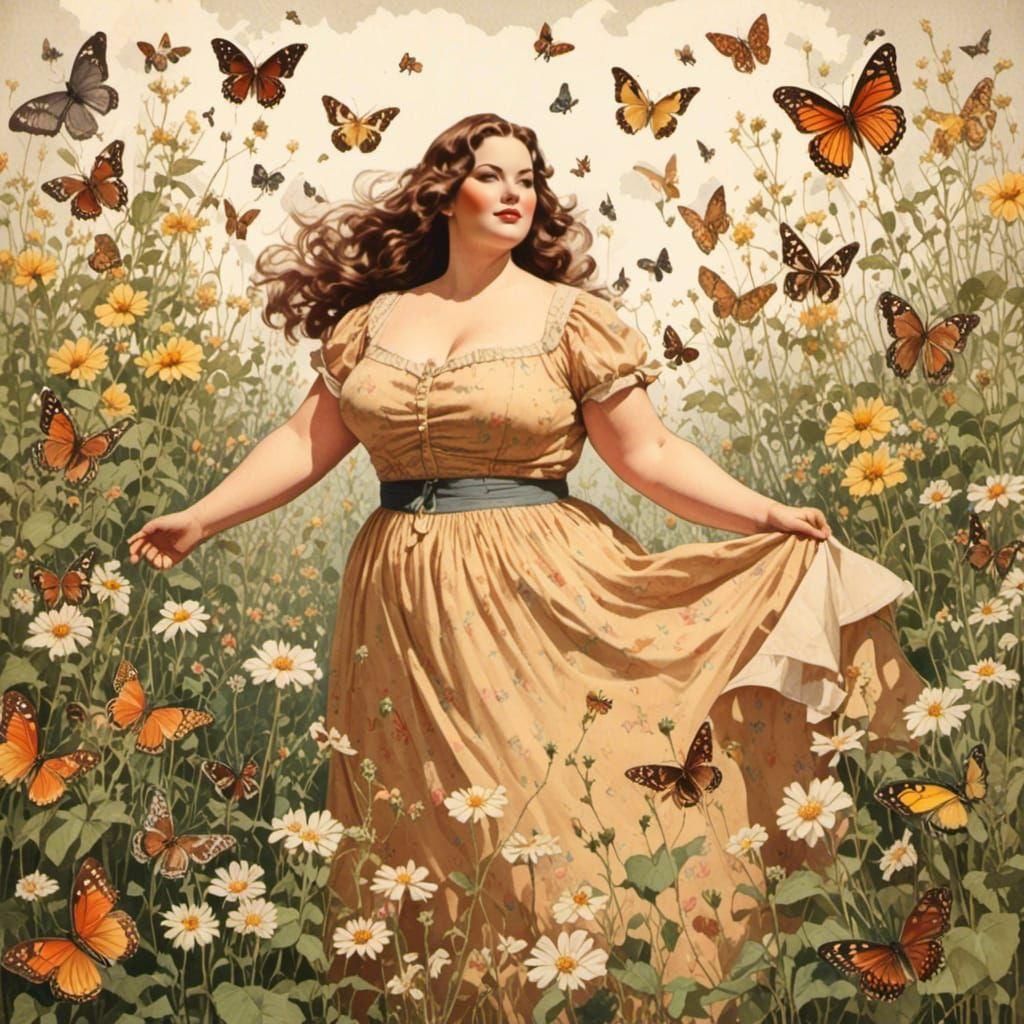 Vintage Watercolor of Woman with Butterflies