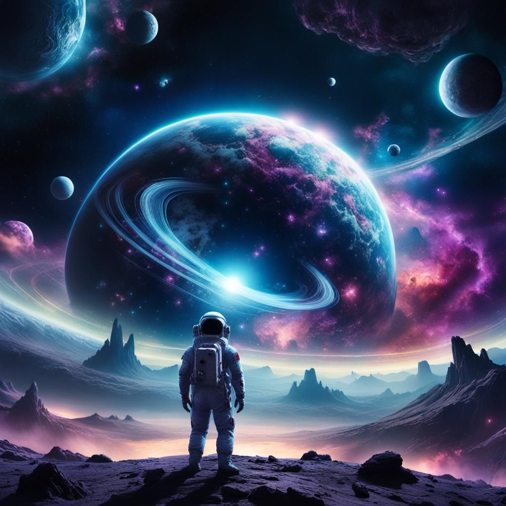 Astronaut in Galaxy with Glowing Nebulae