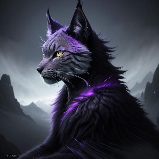 Mystical Black Lynx with Purple Eyes on Misty Peak