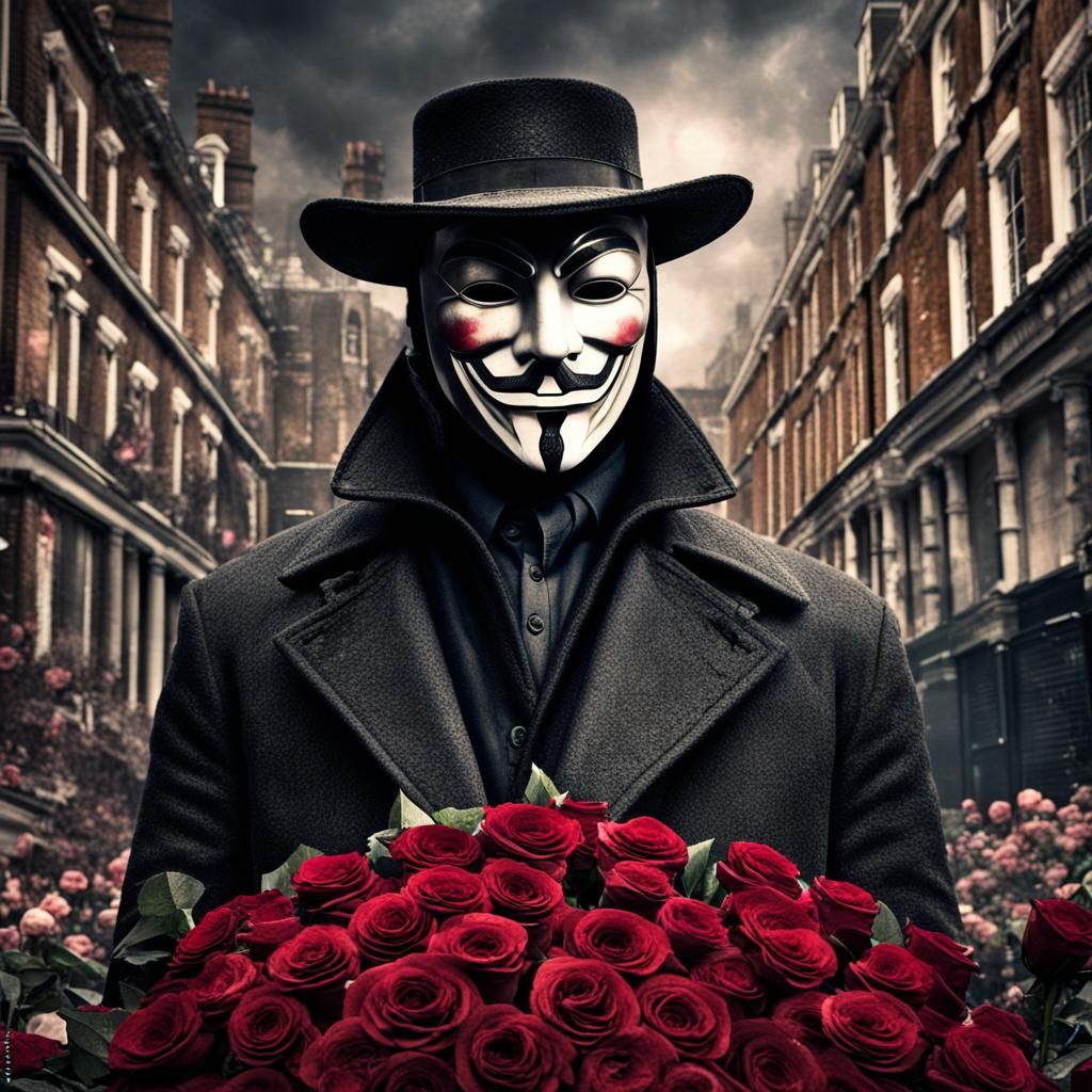 Man with V from Vendetta mask with roses in destroyed London