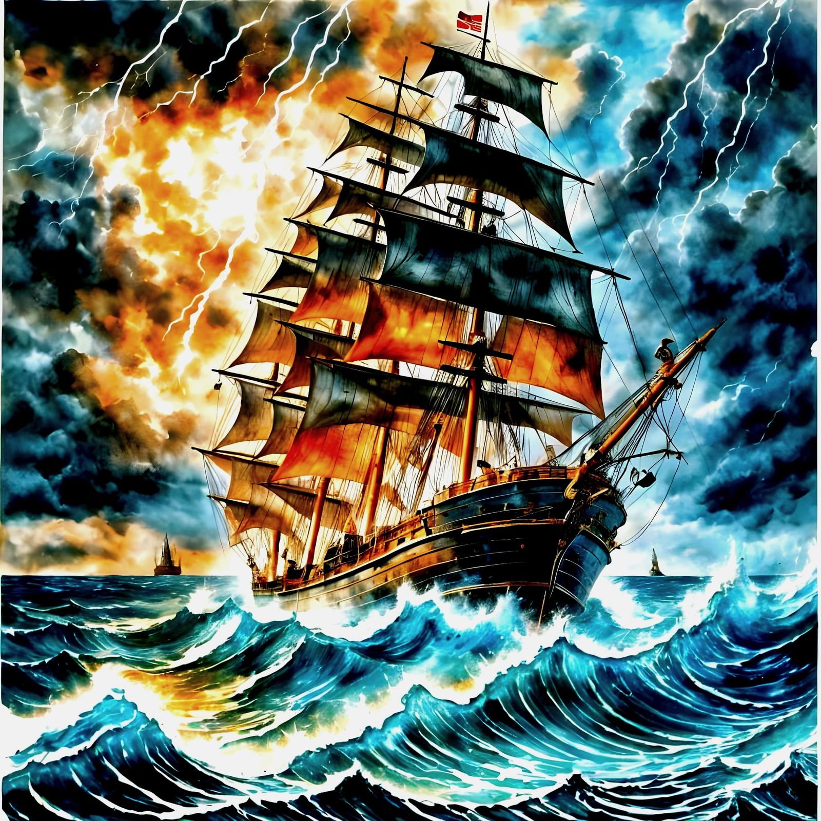 Pirate Ship Battles Stormy Sea: Watercolor Painting