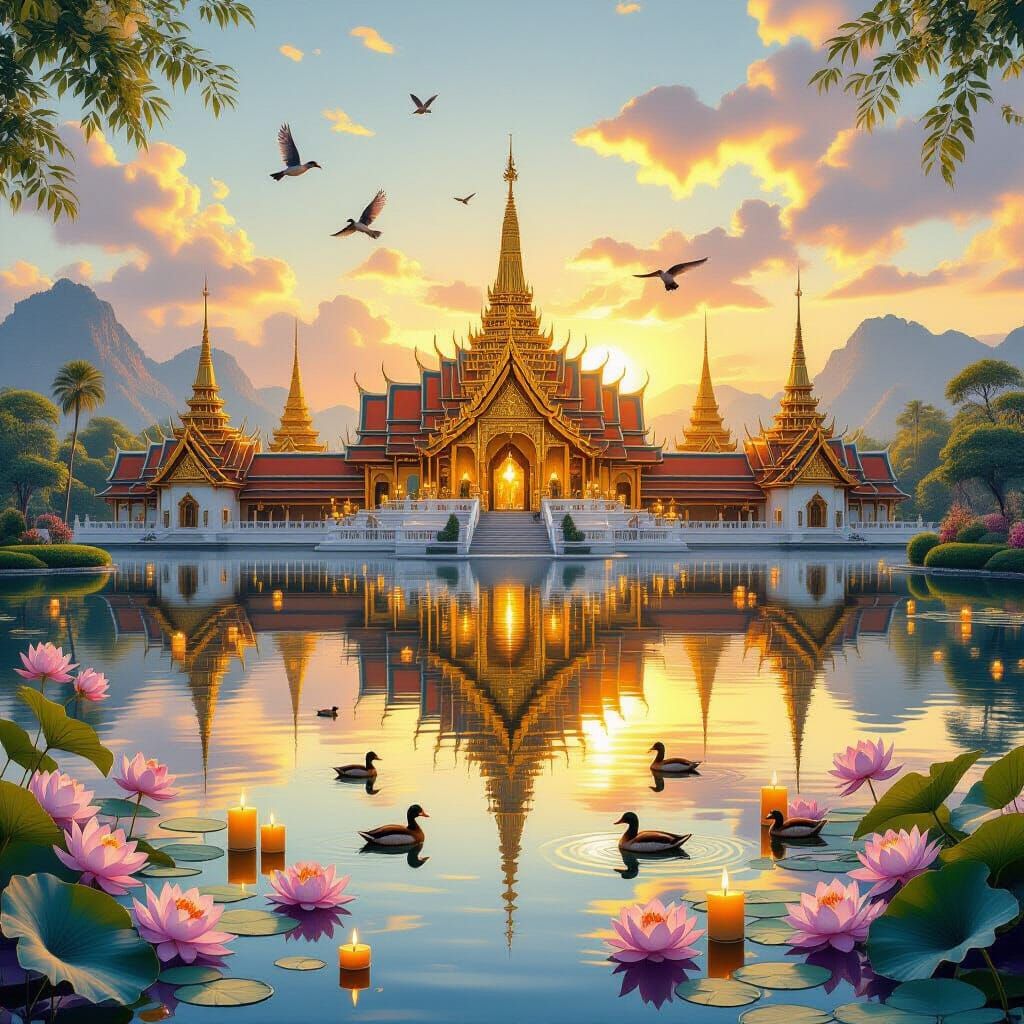 Realistic mythical Southeast Asian palace with golden pagoda...