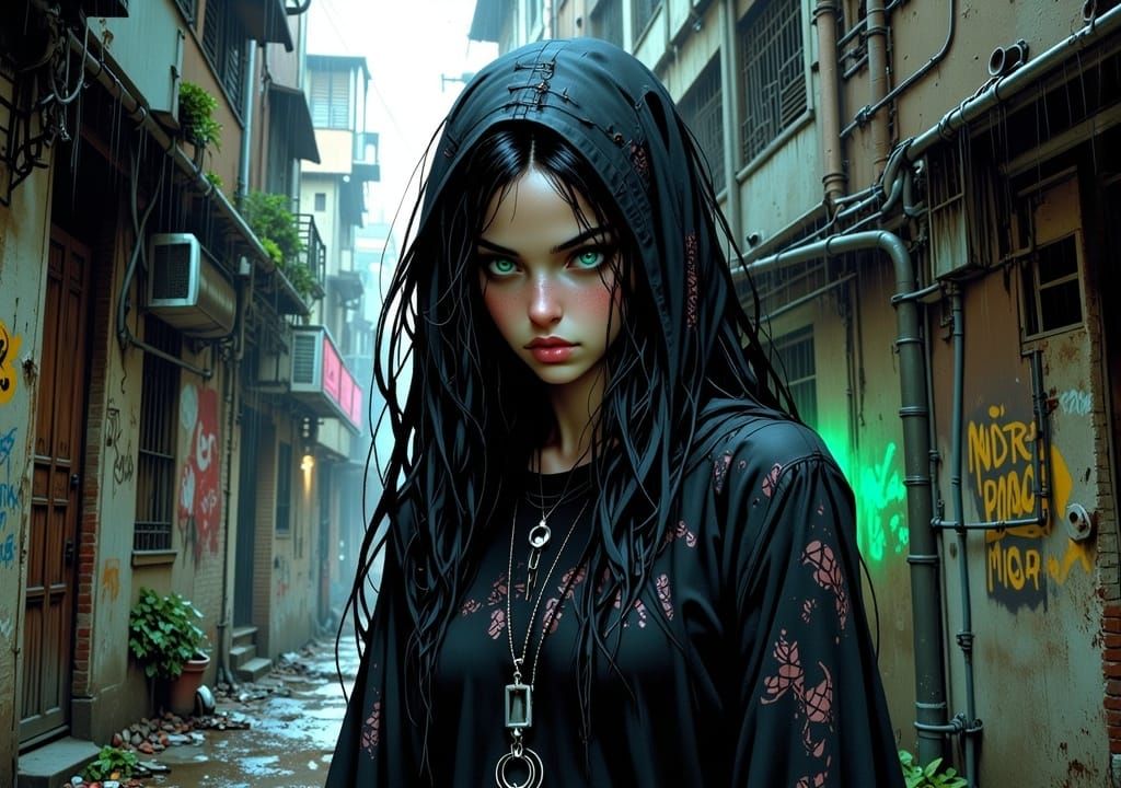 Futuristic Woman in Decaying City, Neon Jugendstil