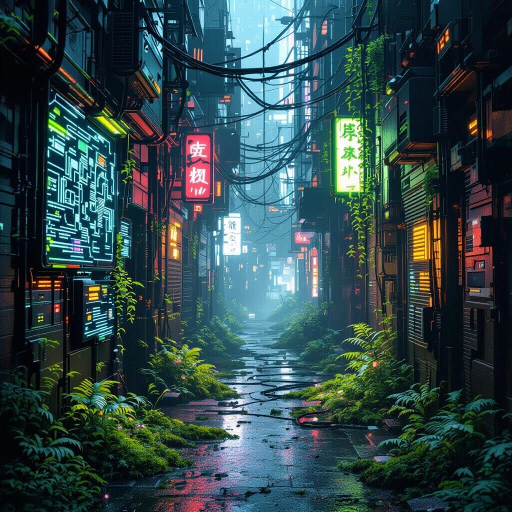 Cyberpunk Alley: Moss, Flowers, and Neon in the Rain