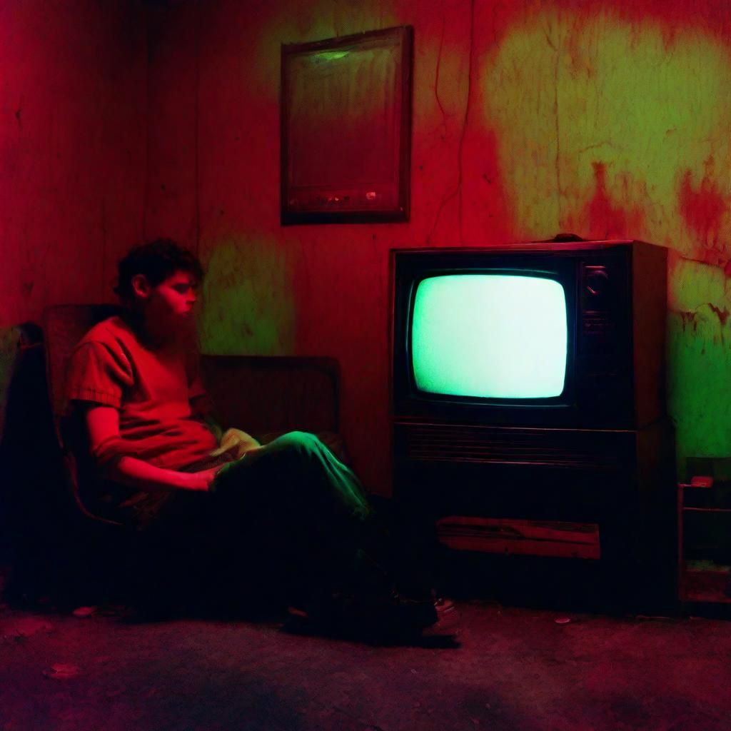 Vintage VHS Horror Scene of Person Watching TV