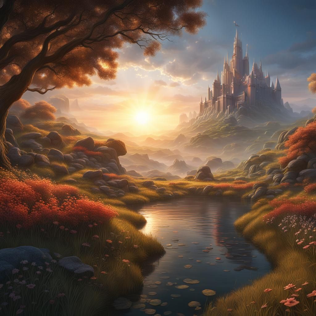 Tranquil Sunrise Landscape: Fantasy Concept Art