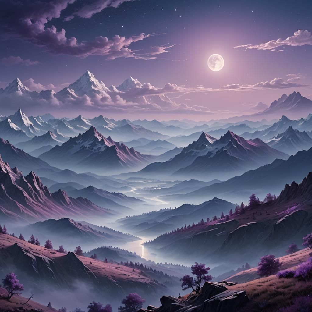 Blue Moonlight Mountain Range Panorama