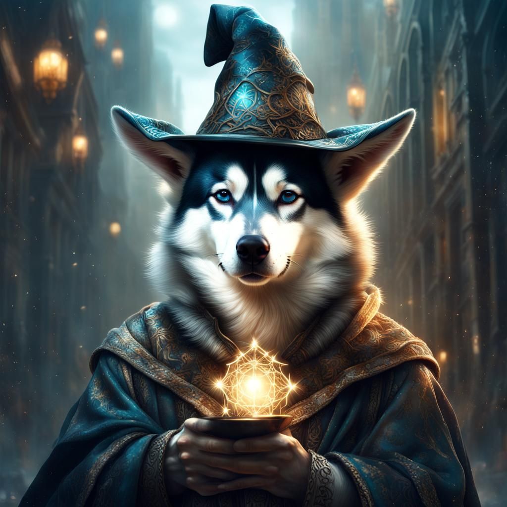 Wizard Husky Spelling Magic, Detailed 3D Render