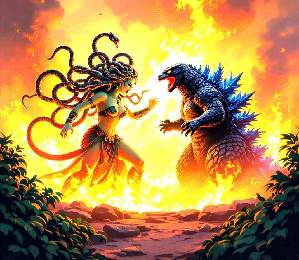 Medusa Battles Godzilla in Fiery Arena