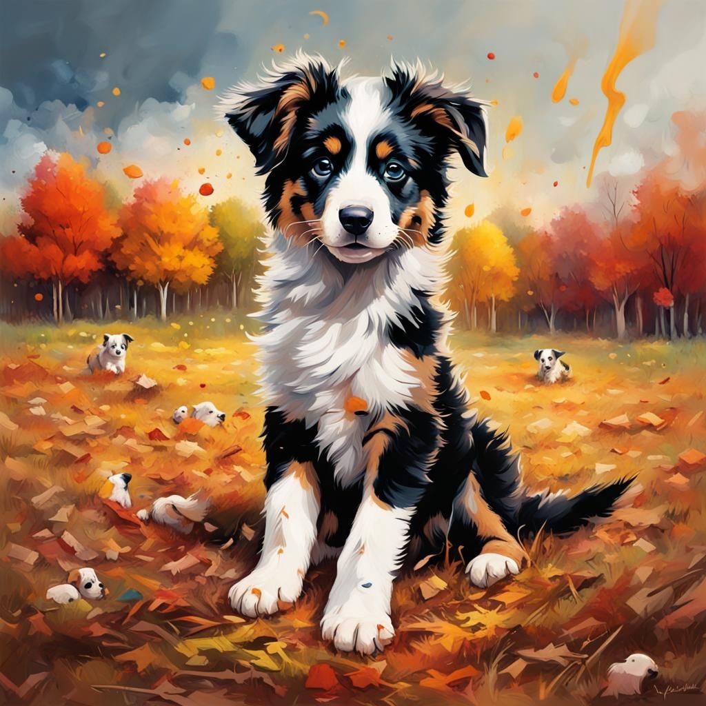 Australian Shepherd Puppies Playing: Graffiti Art Style