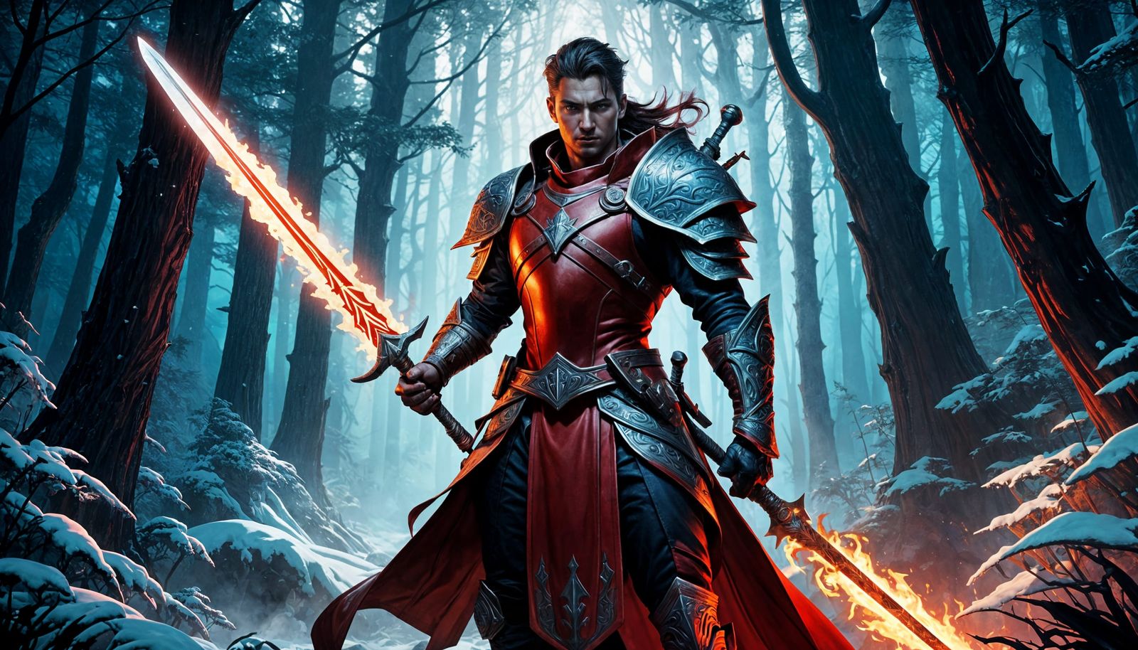 Dark Fantasy Hero in Red Leather with Tribal Tattoos