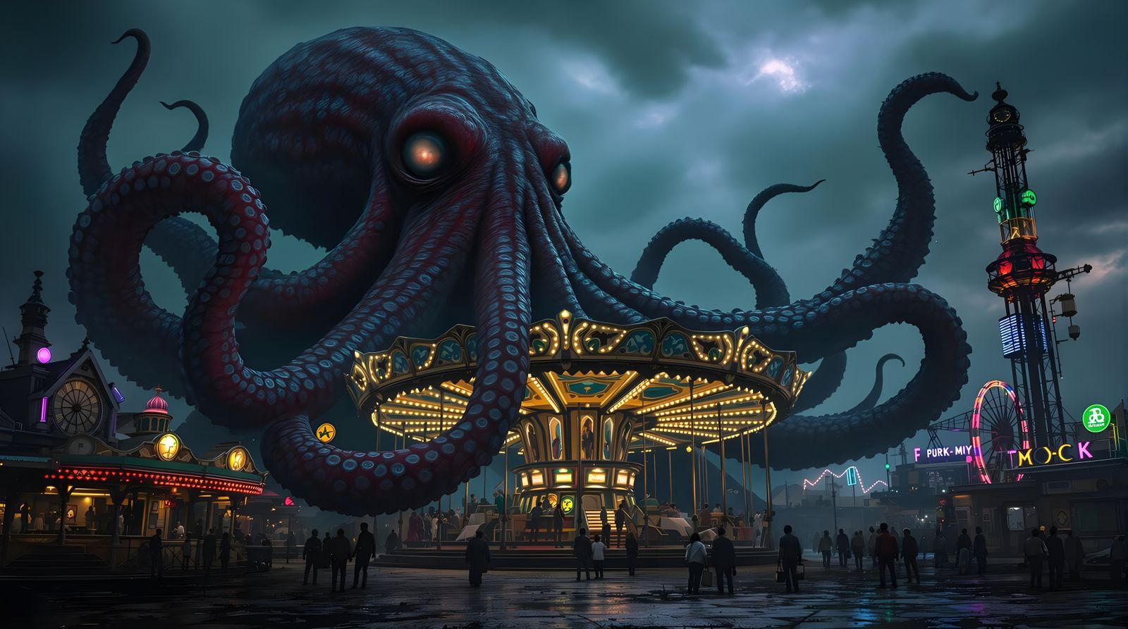 Giant Octopus Devours a Carnival in Lovecraftian Horror