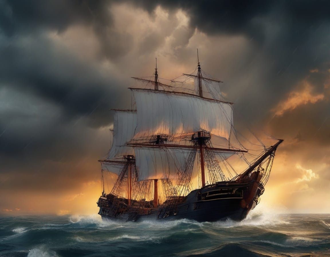 Tall Ship Battles Stormy Seas: Dark Fantasy Art