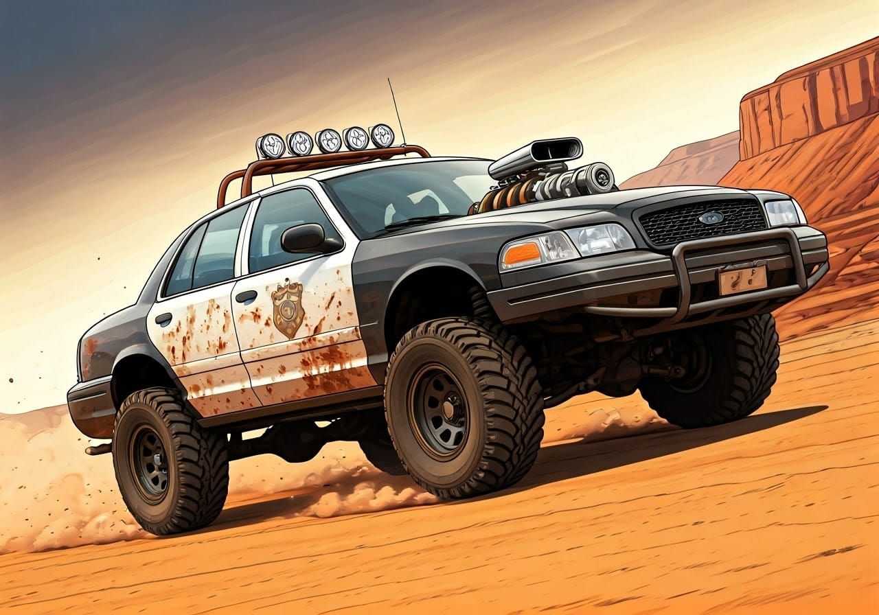 Modified Ford Crown Victoria Speeds Through Desert Canyon