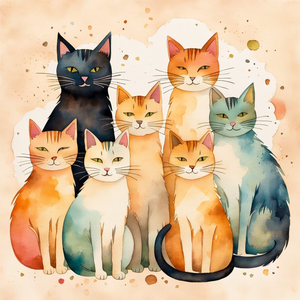 Minimalist Cats Watercolor Illustration on Distressed Paper