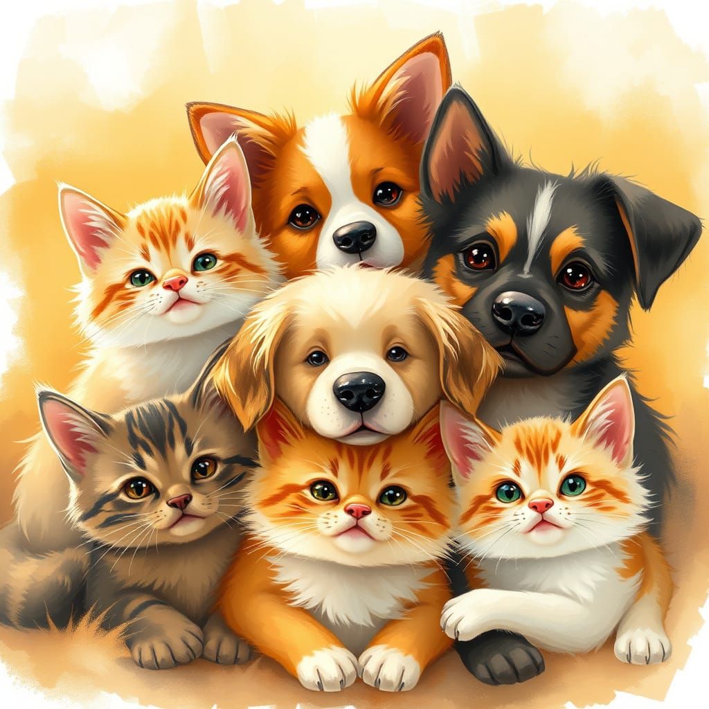 Whimsical Furry Friends in Warm Golden Light