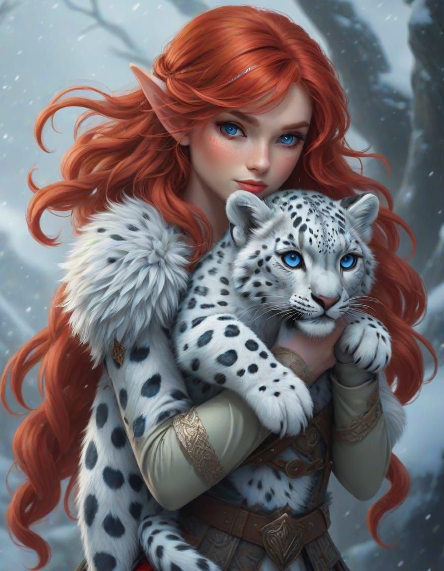 Curvy Elf Maiden with Snow Leopard Companion in Epic Fantasy