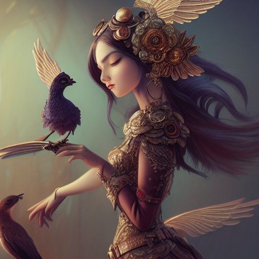 Winged Steampunk Girl and Bird, Digital Art
