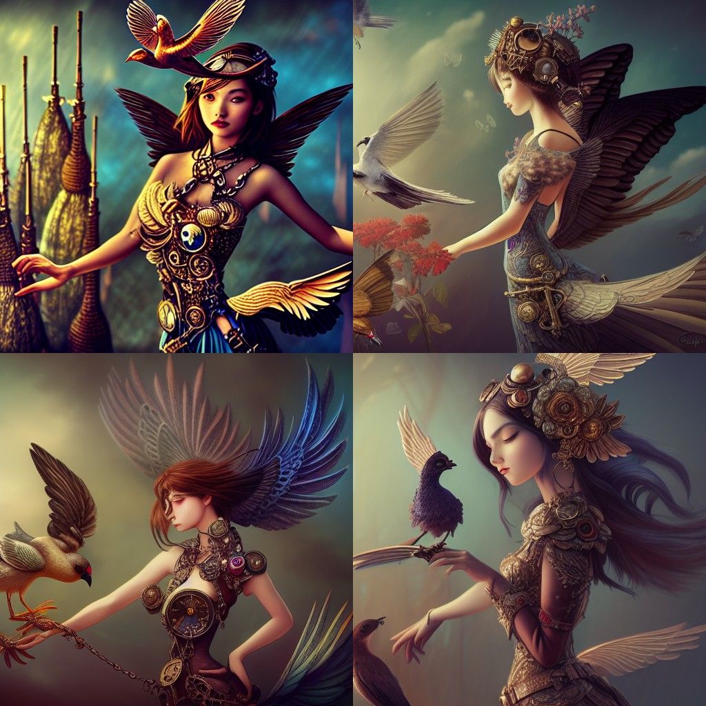 Winged Steampunk Girl and Bird, Digital Art