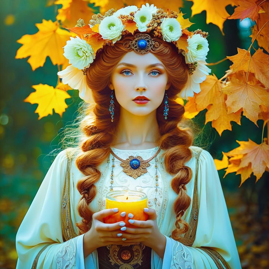 Fairytale Autumn Priestess Portrait in Art Nouveau Style