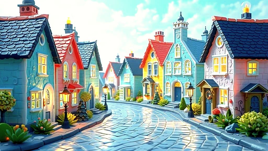 Whimsical Sea Glass Village with Glowing Lanterns