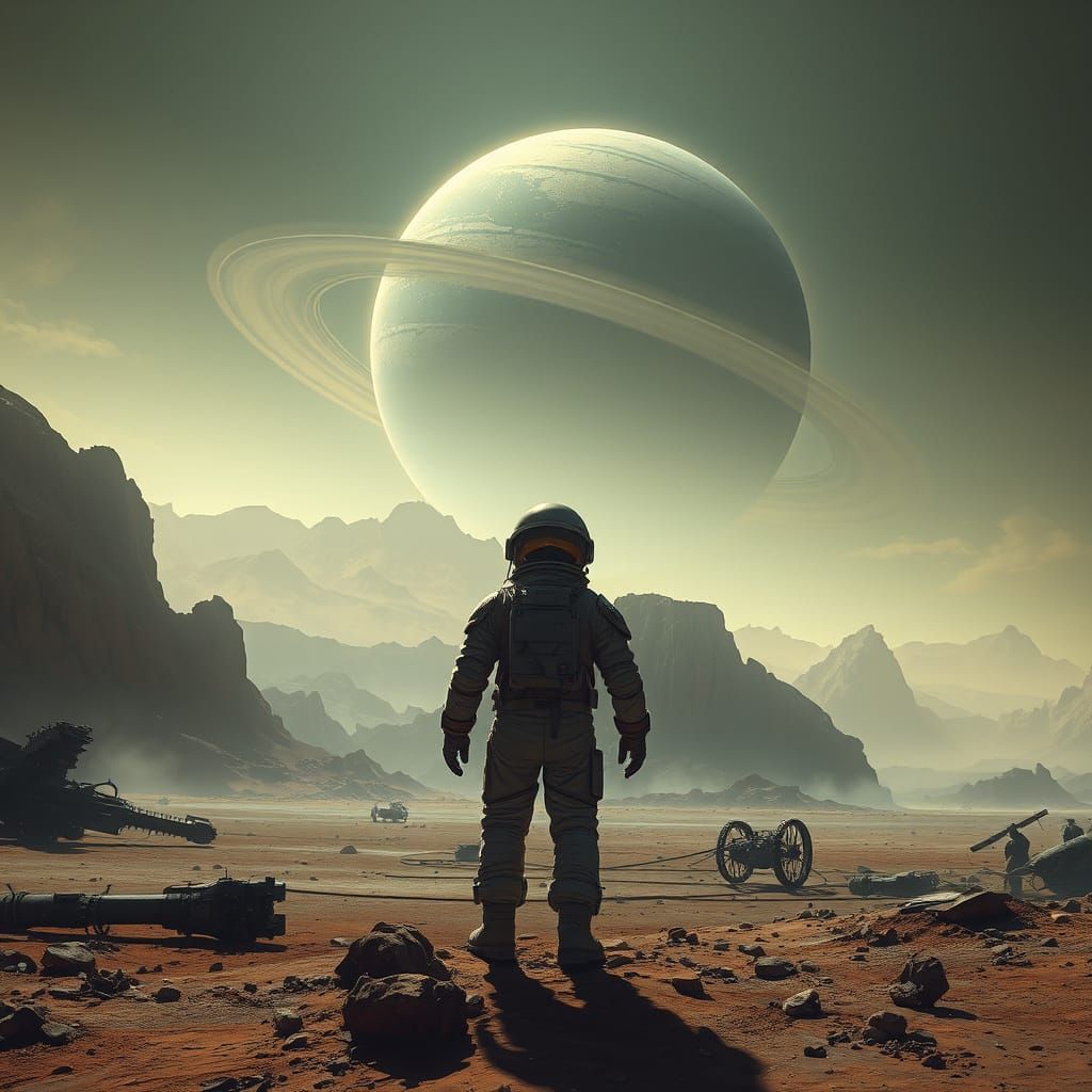 Astronaut on Alien Planet Gazing at Ringed Gas Giant