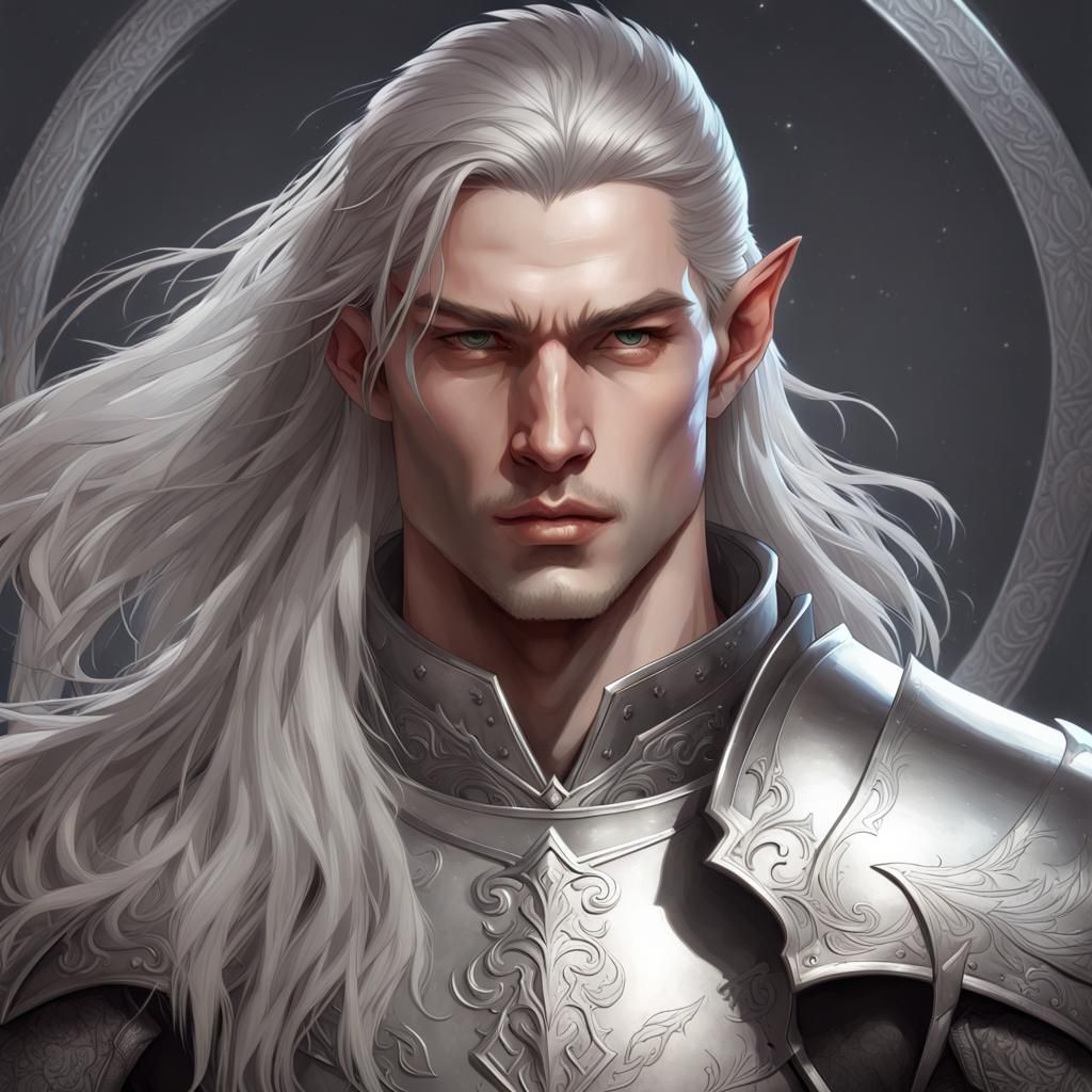 Elven Paladin in Silver Armor, Digital Art