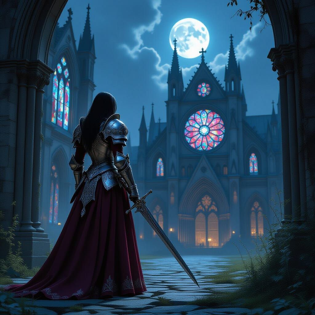 Gothic Knight at Crumbling Cathedral in Hyperrealistic Style