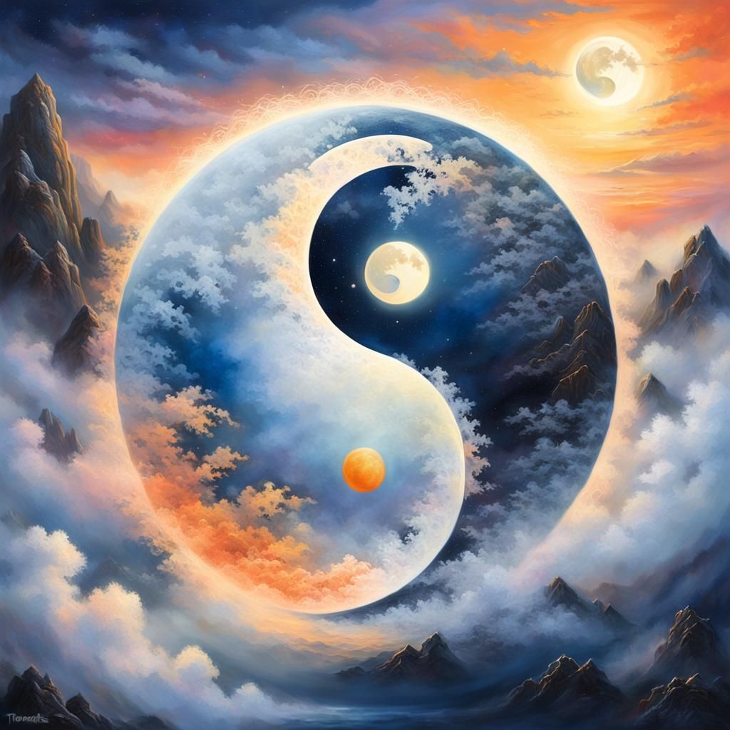 Yin Yang Sunrise and Moonrise in Kinkade Style