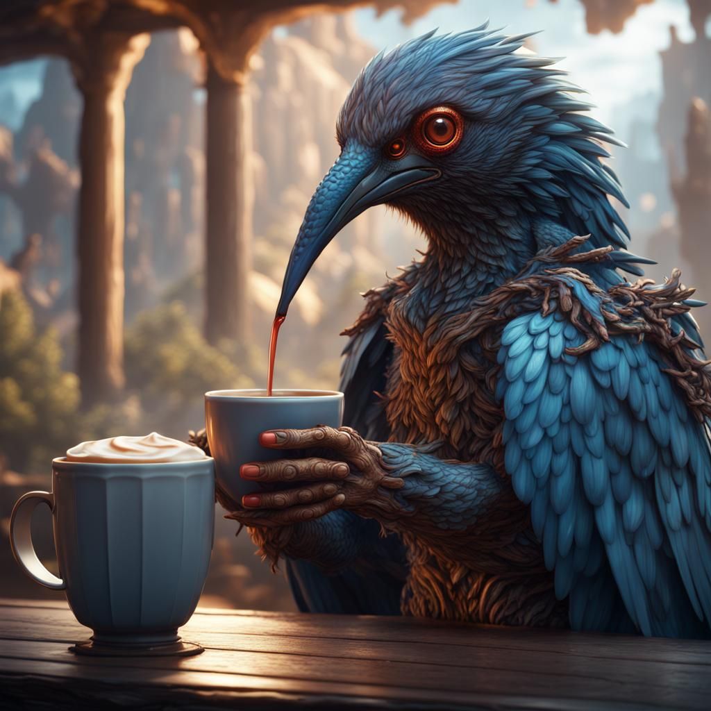 Humanoid Bird Enjoying Coffee: Fantasy Concept Art