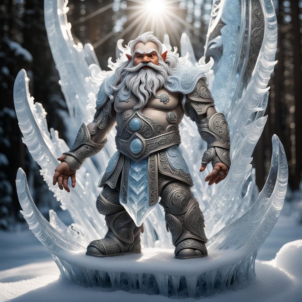 artwork captures the mesmerizing beauty of sunlight cascading onto an exquisitely sculpted ice dwarf.