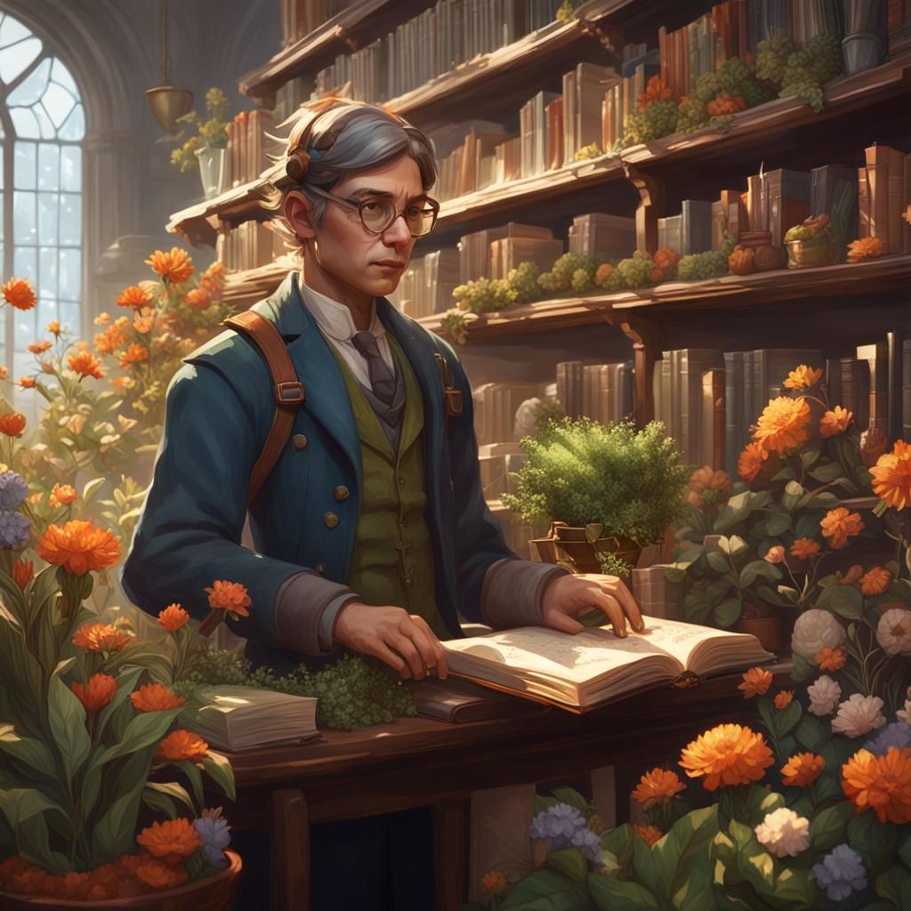 Librarian Tending Flowers: Detailed Art Nouveau Portrait