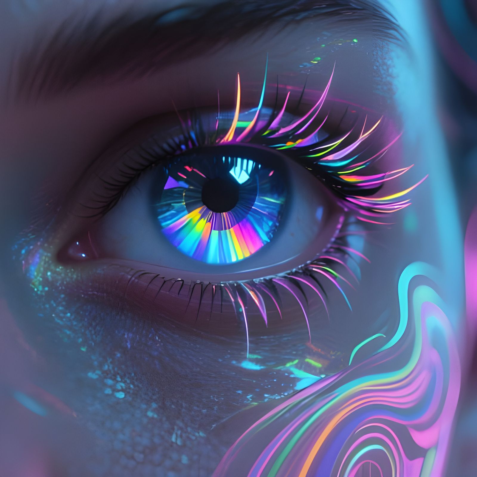 Glowing Sapphire Eye with Neon Fractal Lashes