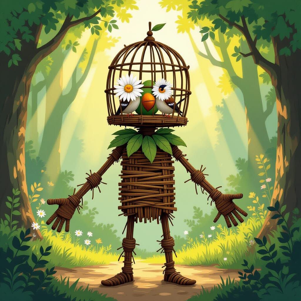 Whimsical Forest Figure with Birdcage Head and Daisy Eyes