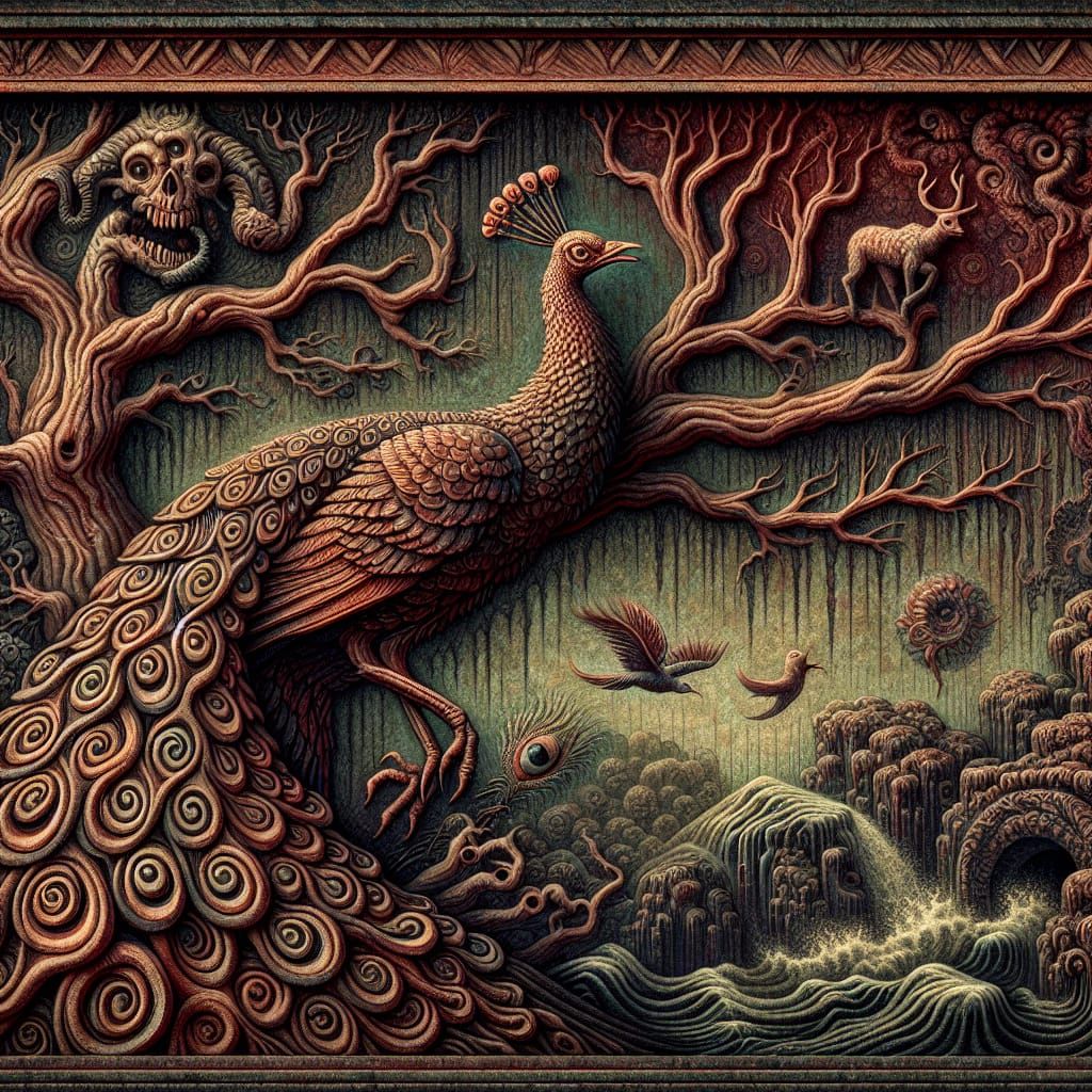 Darkly Surreal Peacock in Tree, Fine Art Gallery Piece