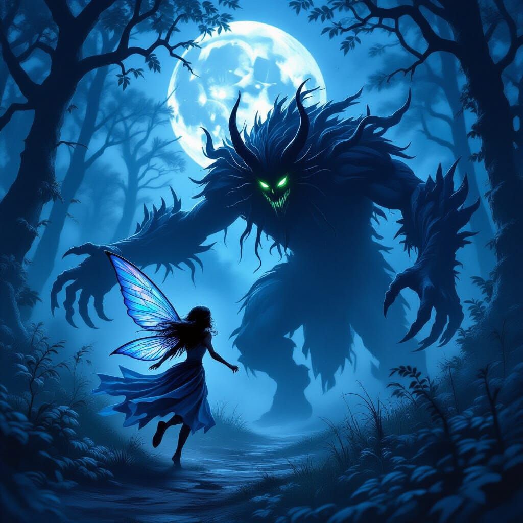 Dark Fantasy Fairy Flees Multi-Armed Monster in Moonlit Fore...