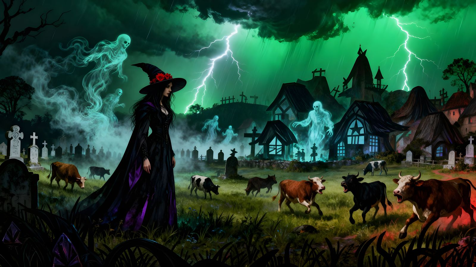 Witch in Salem Village Cemetery Amidst Stormy Night