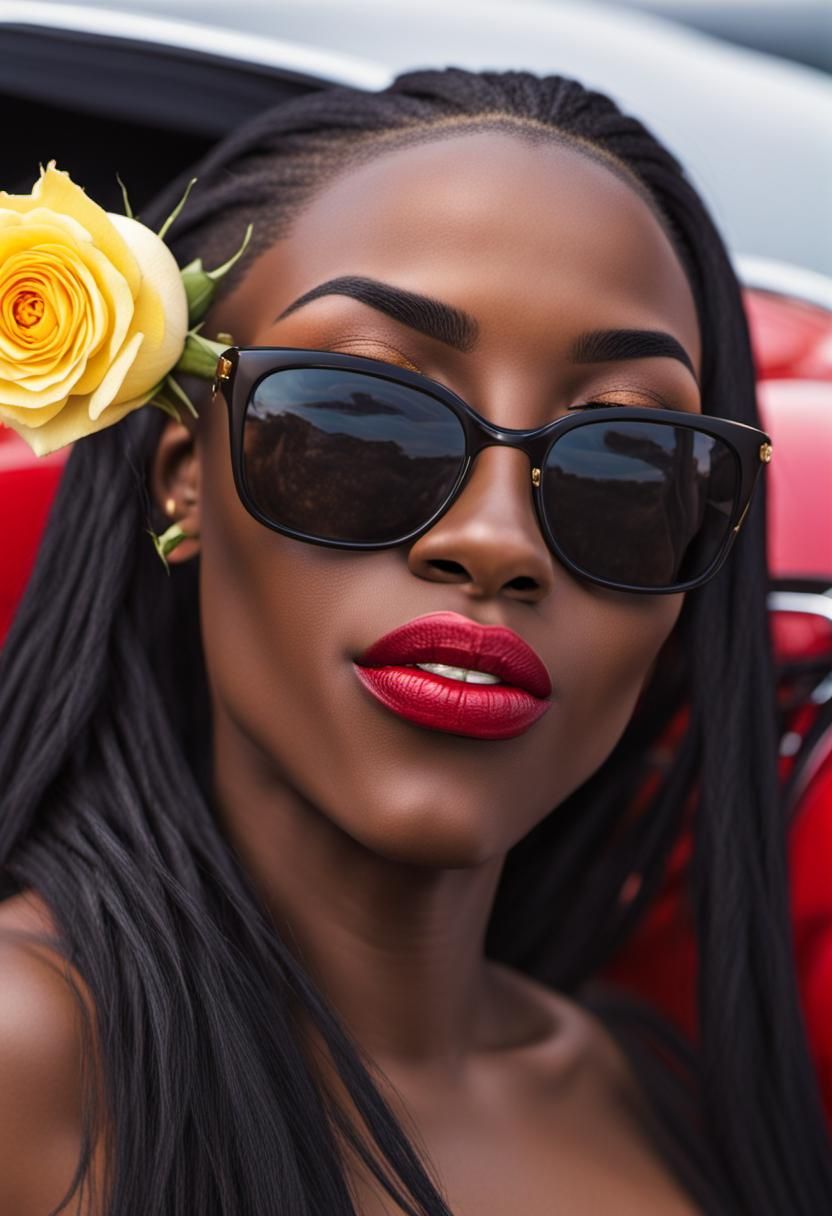 Elegant Black Goddess with Rose and Red Car